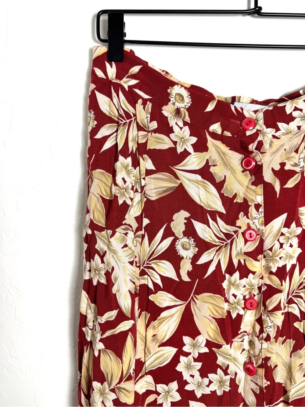 Sag Harbor Vintage Maroon Leaf Floral Button Front Midi Skirt